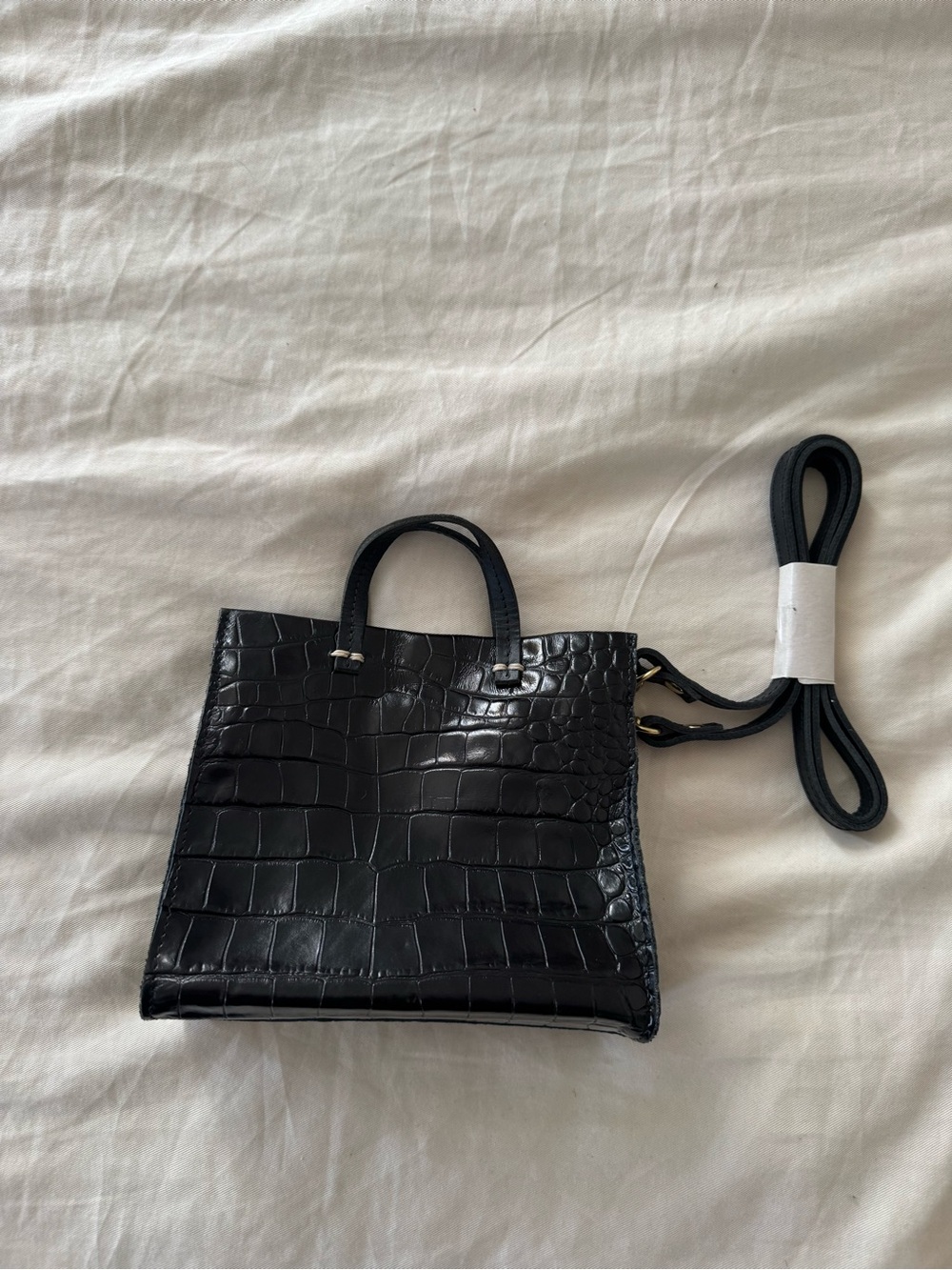 Clare V. Black Croc-Embossed Mini Tote Bag with Removable Strap
